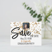 Confetti Custom Foto Abschluss Save the Date Ankündigungspostkarte (Stehend Vorderseite)