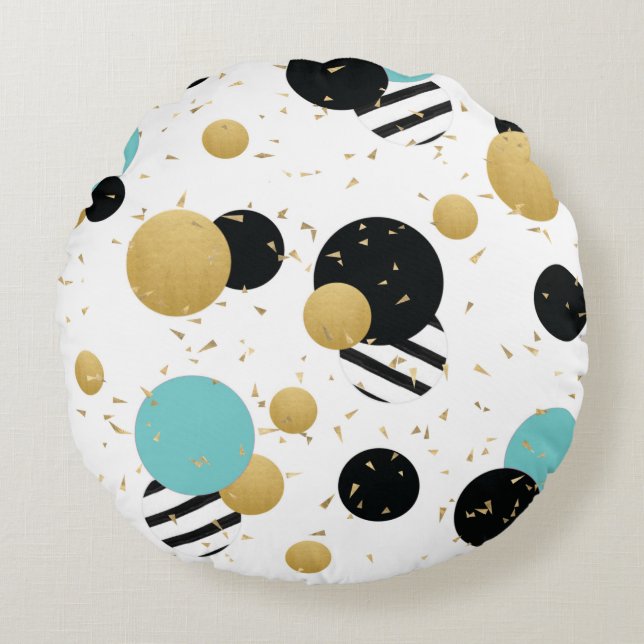 Confetti Dot Party Black Aquamarin und Gold Circle Rundes Kissen (Vorderseite)