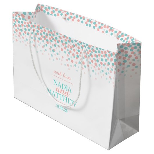 Confetti dots aquamarin korallorange Hochzeitsgesc Große Geschenktüte (Rückseite Schrägansicht)
