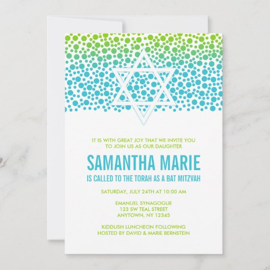 Confetti Dots Aquamarin Lime Green Bat Mitzvah Einladung (Vorderseite)