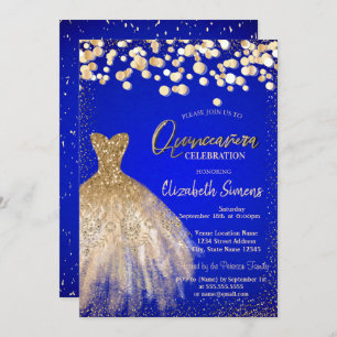 Confetti Dots, Chic Dress Royal Blue Quinceañera Einladung