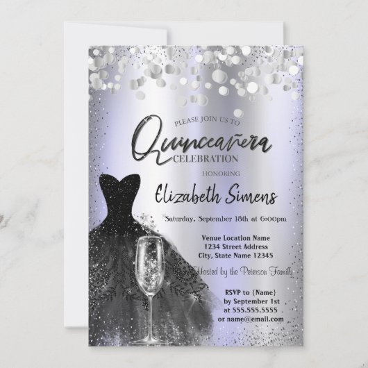 Confetti Dots, Schwarz Dress Glas Violet Quinceañe Einladung (Vorderseite)