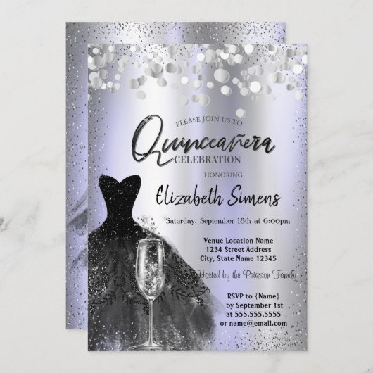 Confetti Dots, Schwarz Dress Glas Violet Quinceañe Einladung (Vorne/Hinten)