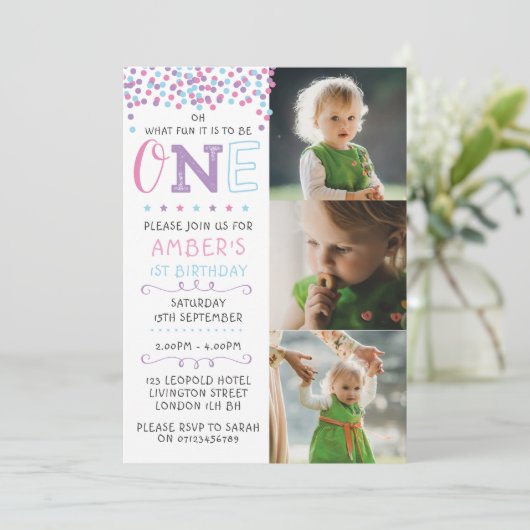 Confetti Einladung zum ersten Geburtstag (Stehend Vorderseite)