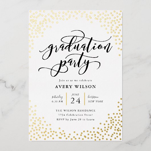 Confetti Elegant Script Graduation Party Folieneinladung (Vorderseite)