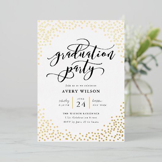 Confetti Elegant Script Graduation Party Folieneinladung (Stehend vorne)