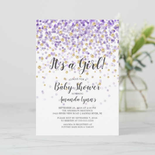 Confetti Es ist eine Mädchen-Baby-Dusche Einladung (Stehend Vorderseite)