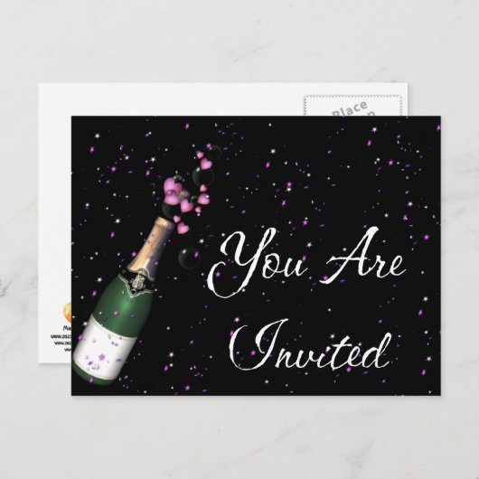 Confetti, Flasche Champagner Einladung Postkarte (Vorne/Hinten)