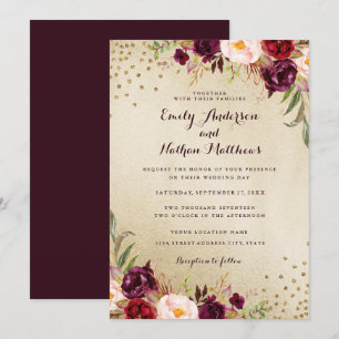 Confetti Floral Gold Burgund Einladung zur Hochzei