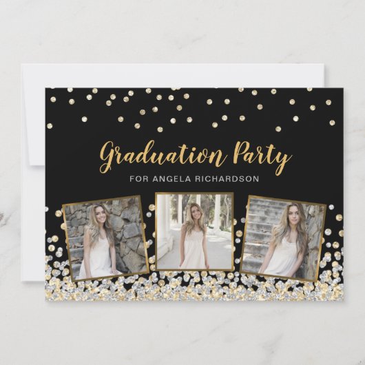 Confetti Foto Collage Gold Graduation Party Einladung (Vorderseite)