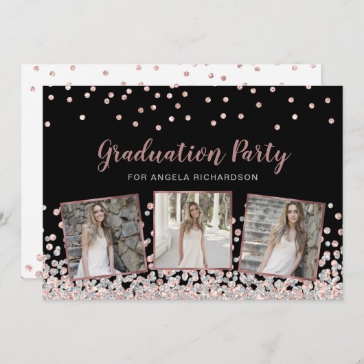 Confetti Foto Collage Rose Gold Graduation Party Einladung (Vorne/Hinten)