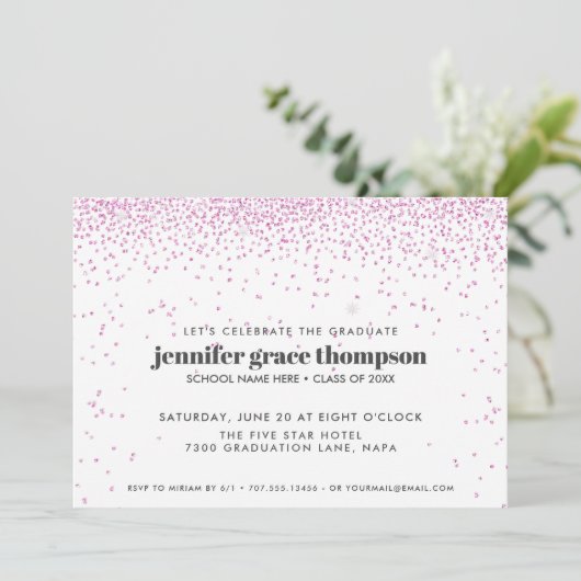 Confetti Foto Graduation Party in Rosa und Weiß Einladung (Stehend Vorderseite)