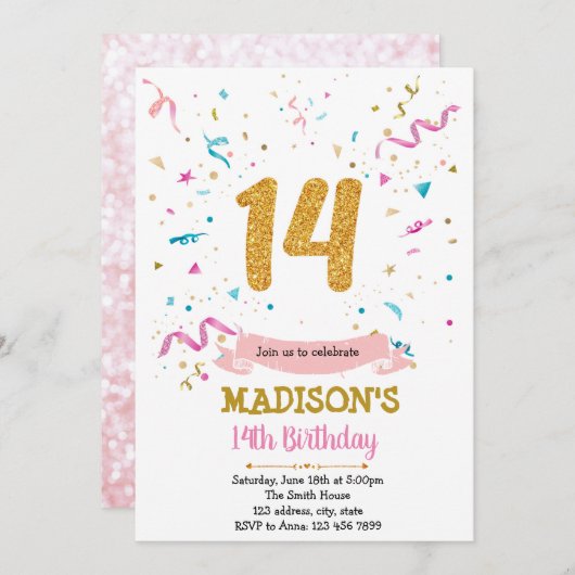 Confetti Glitzer 14. Einladung (Vorne/Hinten)