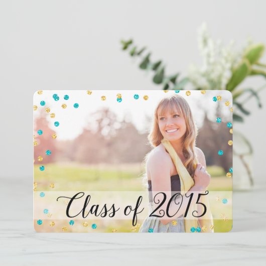 Confetti Gold Aquamarin Blue Foto 2015 Abschluss Einladung (Stehend Vorderseite)