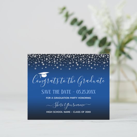 Confetti Graduation Party Save the Date Einladung (Stehend Vorderseite)