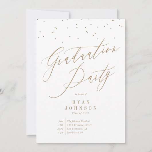 Confetti Graduation Party Script Gold Einladung (Vorderseite)