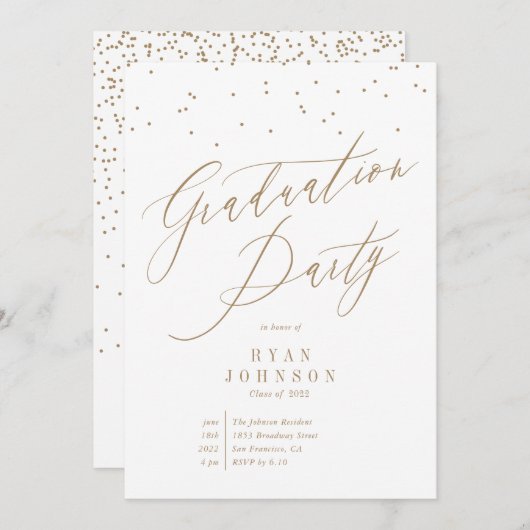 Confetti Graduation Party Script Gold Einladung (Vorne/Hinten)