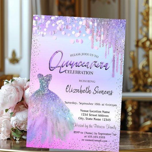 Confetti, Kleid, Violet Glitzer Quinceañera Einladung
