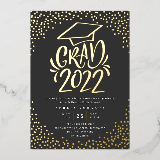Confetti Lettered Grad 2022 Graduation Party Black Folieneinladung (Vorderseite)