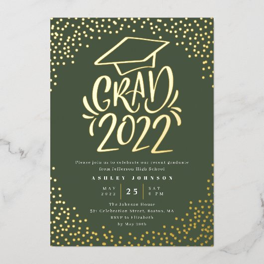 Confetti Lettered Grad 2022 Graduation Party Green Folieneinladung (Vorderseite)