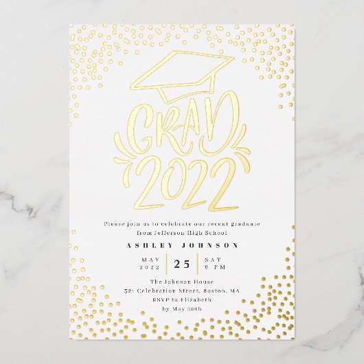 Confetti Lettered Grad 2022 Graduation Party White Folieneinladung (Vorderseite)