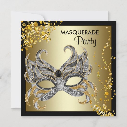 Confetti Mask Black Gold Masquerade Party Einladung (Vorderseite)
