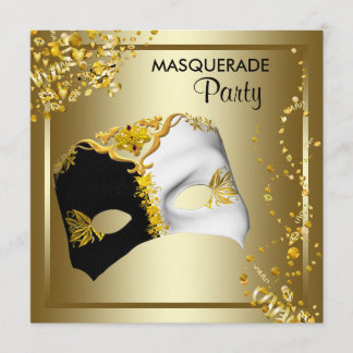 Confetti Mask Black Gold Masquerade Party Einladung