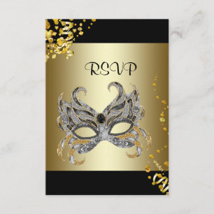 Confetti Mask Black Gold Masquerade Party UAWG RSVP Karte