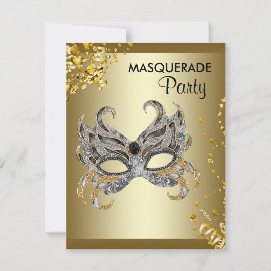 Confetti Maske Silver und Gold Masquerade Party Einladung (Vorderseite)