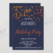 Confetti on Blue Black Birthday Party Einladung (Vorne/Hinten)