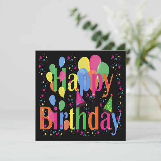 Confetti, Party Hats und Balloons Schwarzer Hinter Einladung (Stehend Vorderseite)