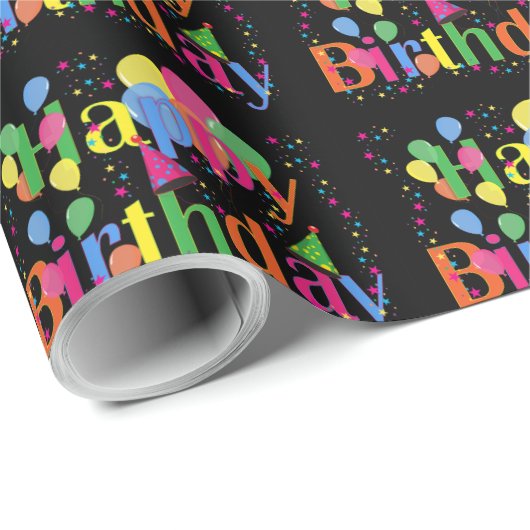 Confetti, Party Hats und Balloons Schwarzer Hinter Geschenkpapier (Rolleneckpunkt)