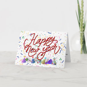 Confetti, Party Hats, viel Glück für das neue Jahr Feiertagskarte