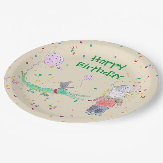 Confetti Party Krokodil grüne beige Papierplatte Pappteller (Schrägansicht)