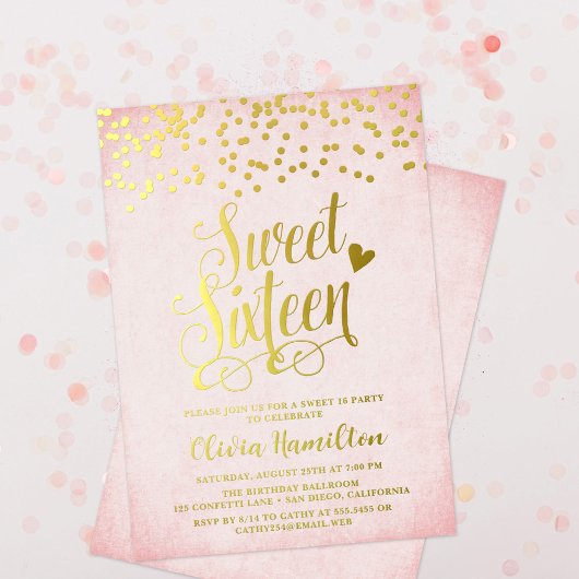 Confetti Pink & Gold Sweet 16 Party Folieneinladung