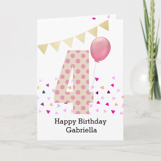 Confetti Pink Polka Dot 4. Geburtstag Karte (Vorderseite)