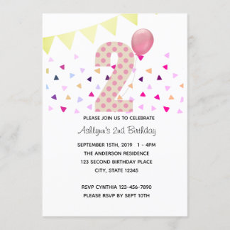 Confetti Pink Polka Dot Gold 2. Geburtstagskind Einladung