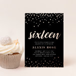Confetti Pop | 16 . Geburtstag Birthday Rose Gold Folieneinladung<br><div class="desc">Chic 16 . Geburtstag Einladungen in Schwarz und Rose Gold zeigen Rose Goldfolie Konfetti und "sechzehn" in Kalligraphie Schrift. Personalisieren Sie sich mit Ihren süßen 16 Geburtstagsdetails unten.</div>