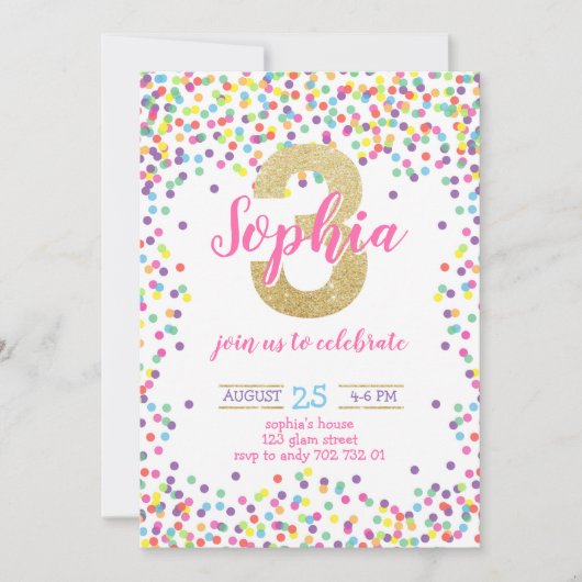 Confetti Rainbow Gold Girl Einladung (Vorderseite)