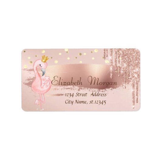 Confetti, Rose Gold Drops Flamingo Crown Adressaufkleber (Vorne)
