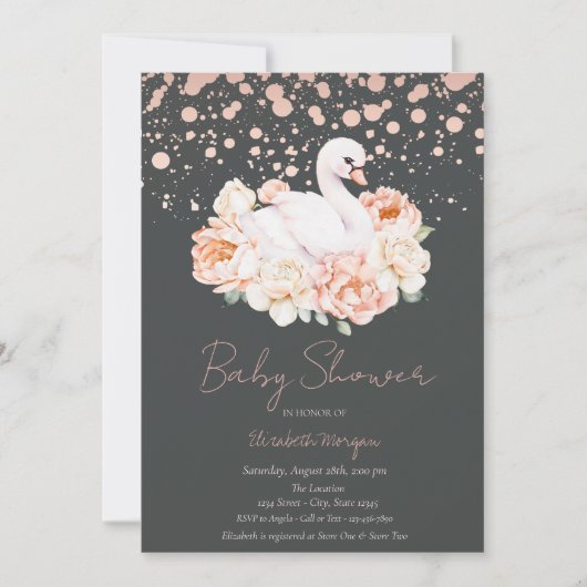 Confetti Rose Gold Floral Baby Swan Baby Dusche Einladung (Vorderseite)