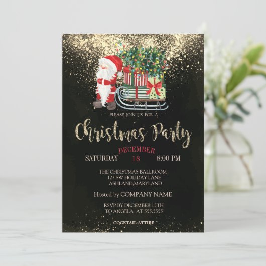 Confetti, Santa Claus, Sleigh Christmas Company Einladung (Stehend Vorderseite)