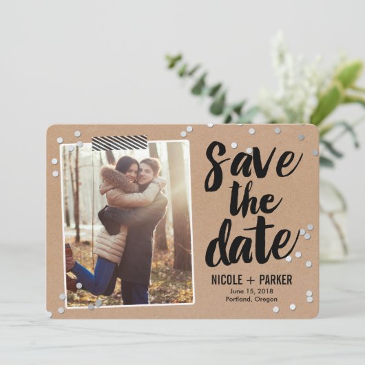 Confetti Save the Date Card (Stehend Vorderseite)