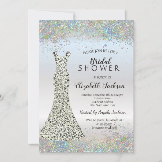 Confetti, Silver Glitzer Dress Brautparty Einladung (Vorderseite)