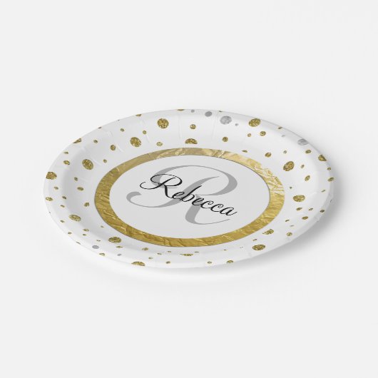Confetti Silver/Gold Monogramm Pappteller (Schrägansicht)