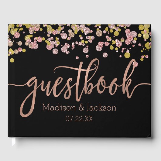 Confetti Sparkle Shine Rose Gold Wedding Monogram Gästebuch (Vorderseite)