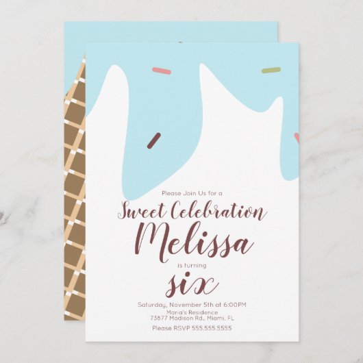 Confetti Sprinkles Tropfen Eis Creme Cone Blue Einladung (Vorne/Hinten)