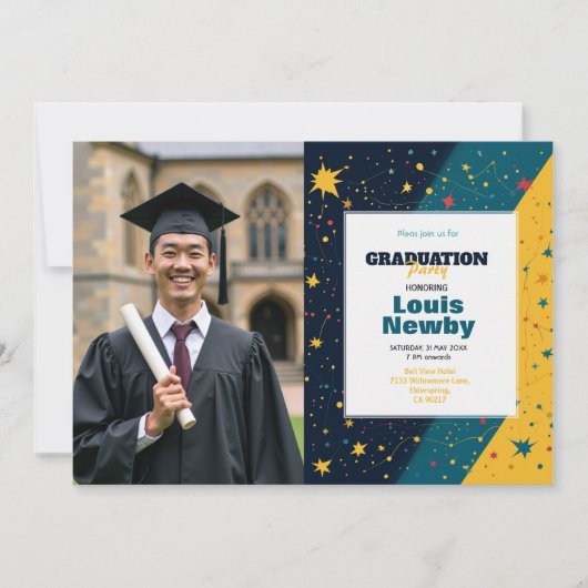 🎓Confetti Starburst Graduation Party Einladung (Vorderseite)