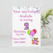 Confetti, Teddy Bear, Balloons Girl's 2. Birthda Einladung (Stehend Vorderseite)