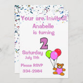 Confetti, Teddy Bear, Balloons Girl's 2. Birthda Einladung (Vorne/Hinten)